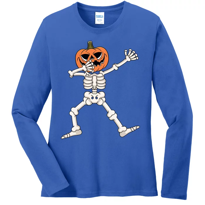 Halloween Dabbing Skeleton Funny Costume Pumpkin Dab Gift Ladies Long Sleeve Shirt