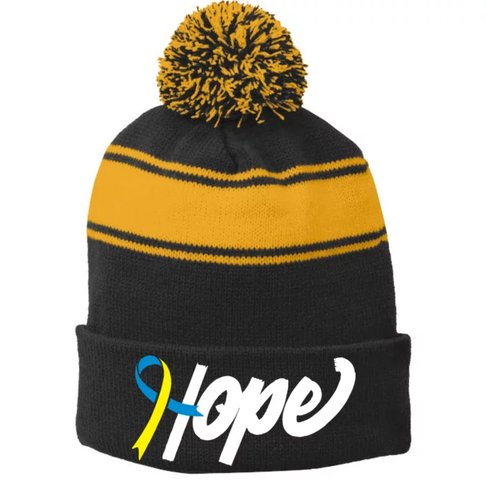 Hope Down Syndrome Awareness Ribbon Stripe Pom Pom Beanie