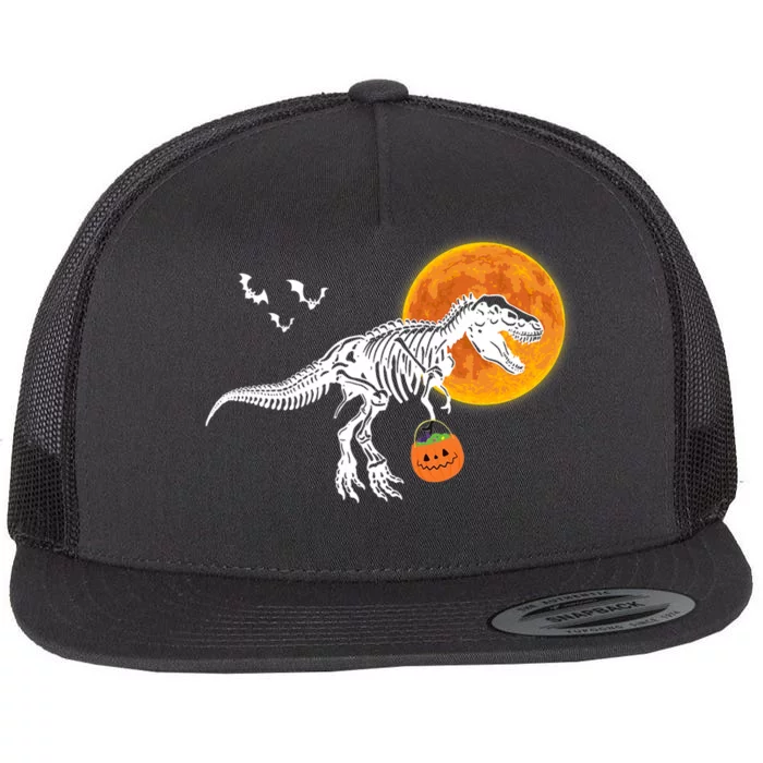 Halloween Dinosaur Skeleton T Rex Scary Pumpkin Moon Flat Bill Trucker Hat