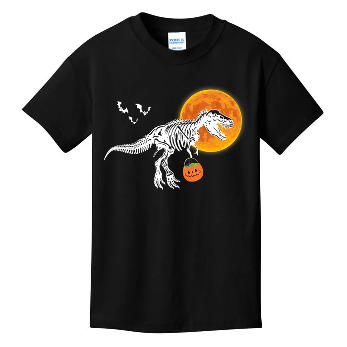 Halloween Dinosaur Skeleton T Rex Scary Pumpkin Moon Kids T-Shirt