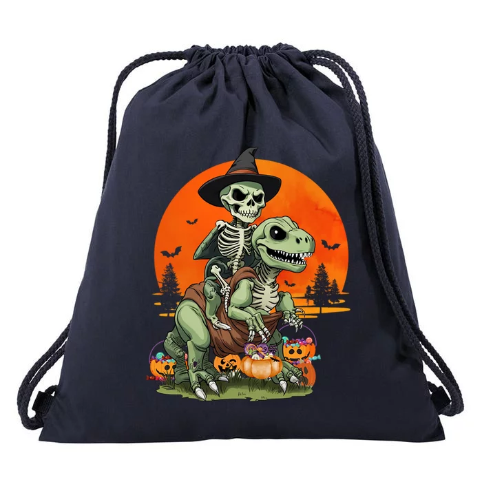 Halloween Dinosaur Skeleton T Rex Pumpkin Moon Funny Gift Drawstring Bag