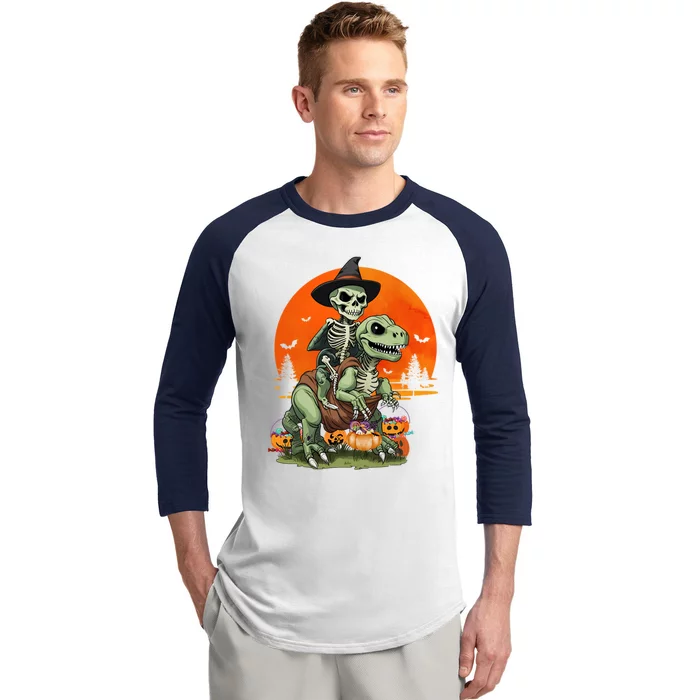 Halloween Dinosaur Skeleton T Rex Pumpkin Moon Funny Gift Baseball Sleeve Shirt