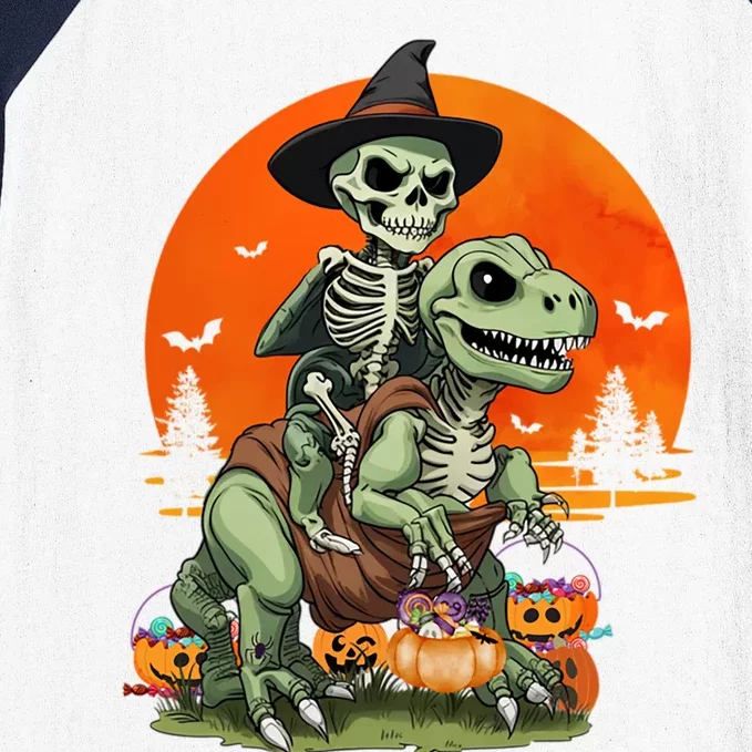 Halloween Dinosaur Skeleton T Rex Pumpkin Moon Funny Gift Baseball Sleeve Shirt