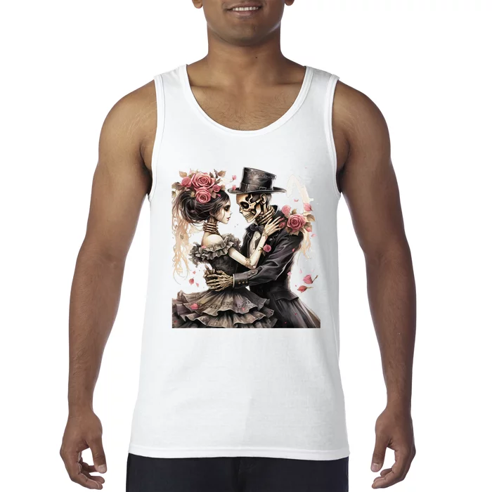 Halloween Dancing Skeleton Couple Roses And Skeleton Tank Top