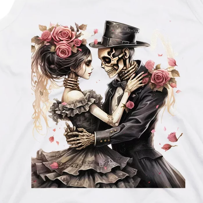 Halloween Dancing Skeleton Couple Roses And Skeleton Tank Top