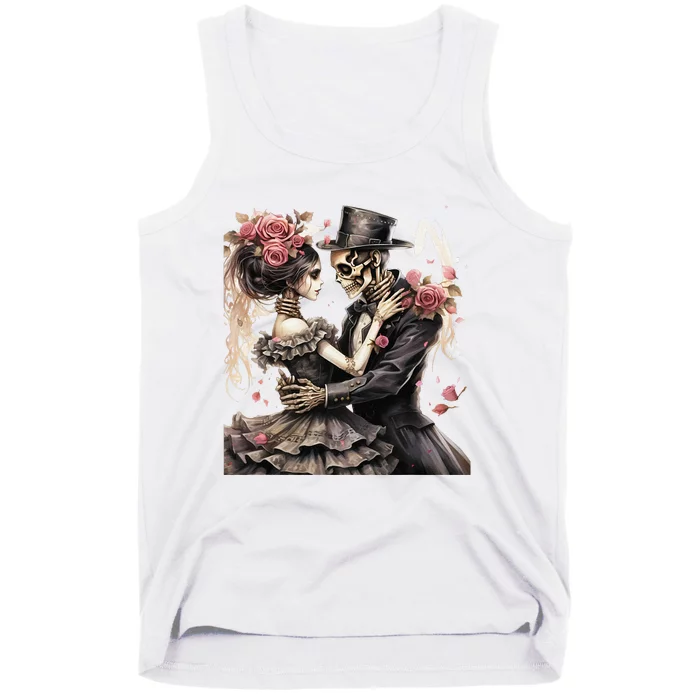 Halloween Dancing Skeleton Couple Roses And Skeleton Tank Top