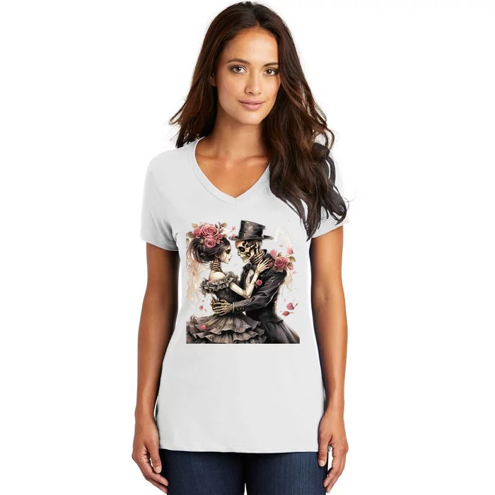 Halloween Dancing Skeleton Couple Roses And Skeleton Women's V-Neck T-Shirt