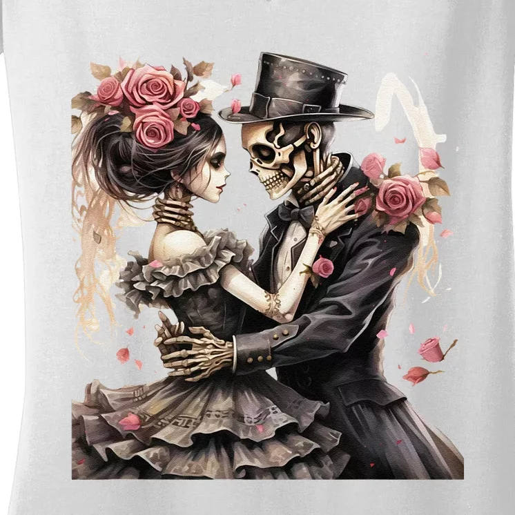 Halloween Dancing Skeleton Couple Roses And Skeleton Women's V-Neck T-Shirt