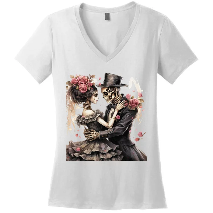 Halloween Dancing Skeleton Couple Roses And Skeleton Women's V-Neck T-Shirt