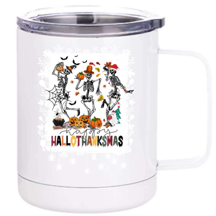 Hallothanksmas Dancing Skeletons Halloween Thanksgiving Xmas Gift Front & Back 12oz Stainless Steel Tumbler Cup