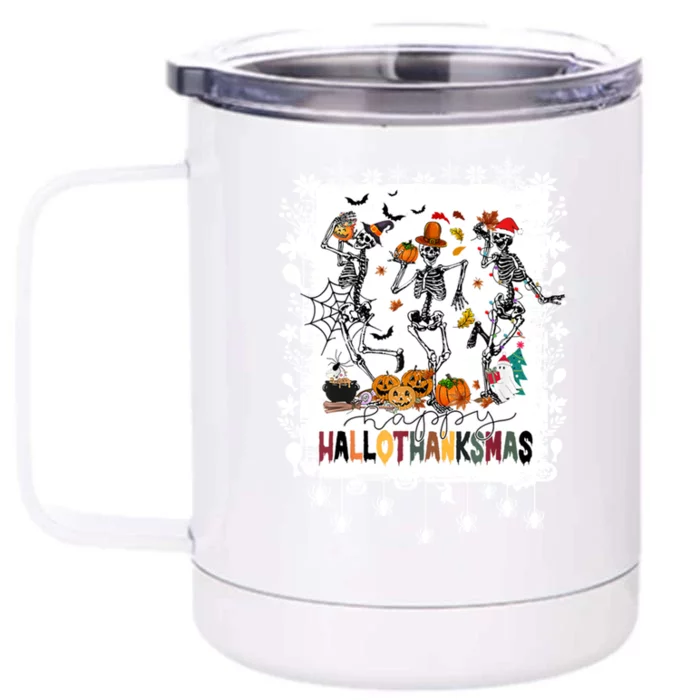 Hallothanksmas Dancing Skeletons Halloween Thanksgiving Xmas Gift Front & Back 12oz Stainless Steel Tumbler Cup