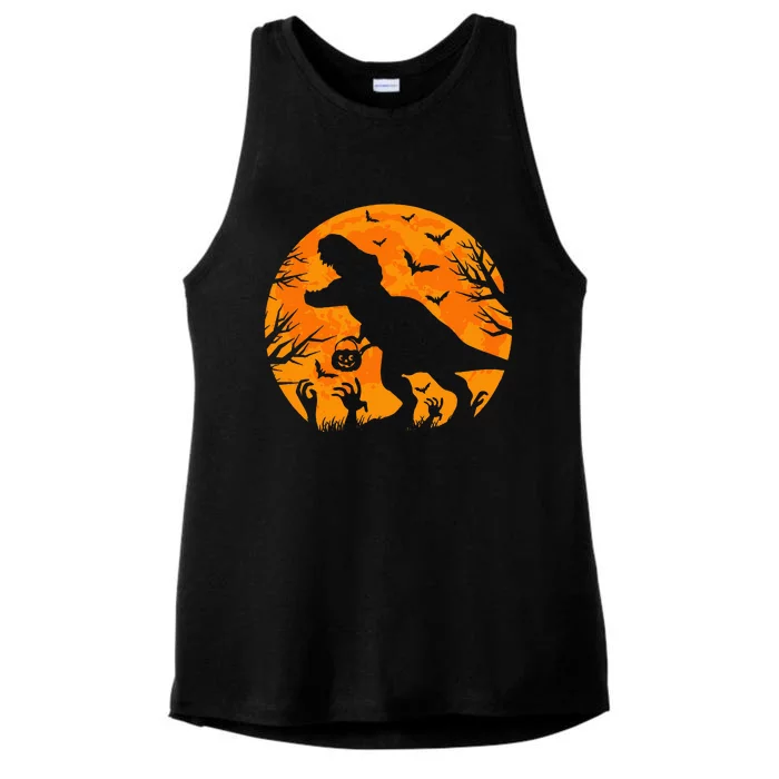 Halloween Dinosaur T Rex With Pumpkin Dinosaur Halloween Ladies Tri-Blend Wicking Tank