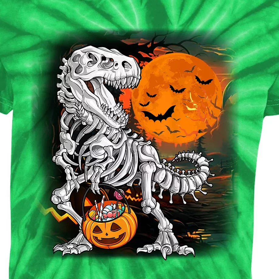 Halloween Dinosaur T Rex Skeleton Pumpkin Moon Kids Tie-Dye T-Shirt