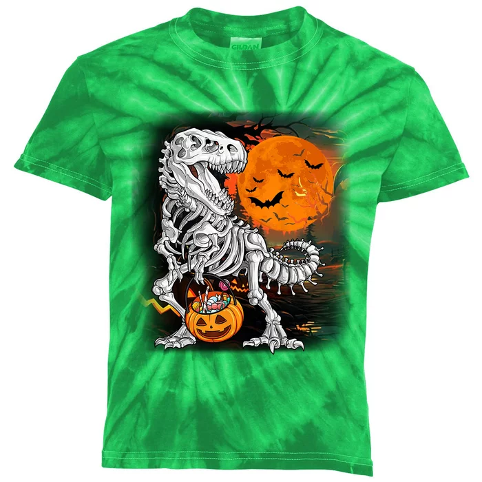 Halloween Dinosaur T Rex Skeleton Pumpkin Moon Kids Tie-Dye T-Shirt