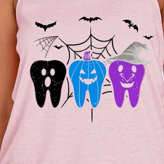 Halloween Dentist Teeth Ghost Pumpkin Witch Cute Dental Gift Women's Knotted Racerback Tank