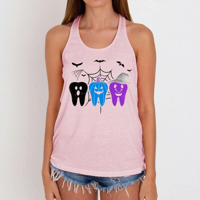 Halloween Dentist Teeth Ghost Pumpkin Witch Cute Dental Gift Women's Knotted Racerback Tank