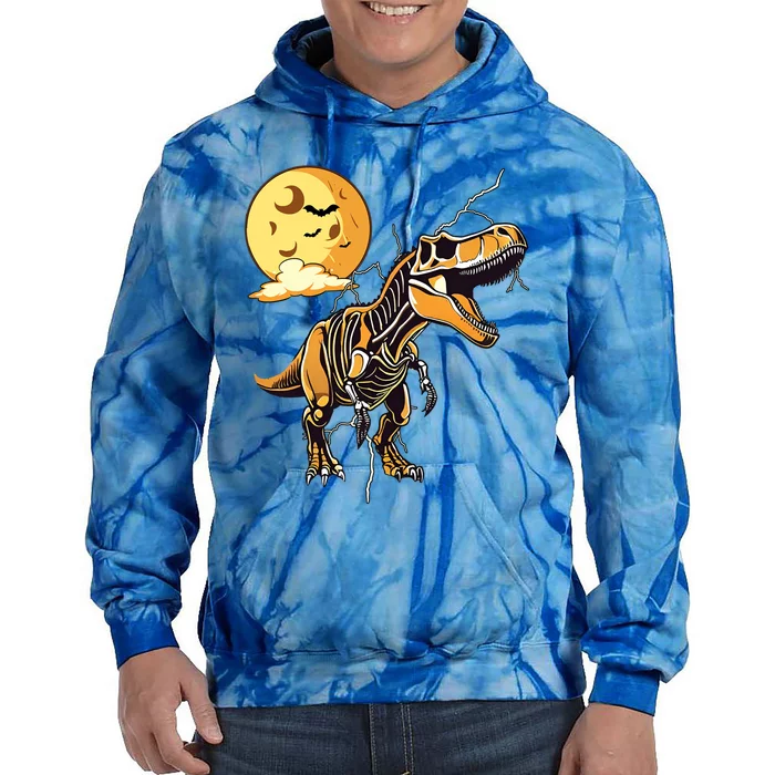 Halloween Dinosaur T Rex Skeleton Scary Moon Orange Pumpkin Cool Gift Tie Dye Hoodie