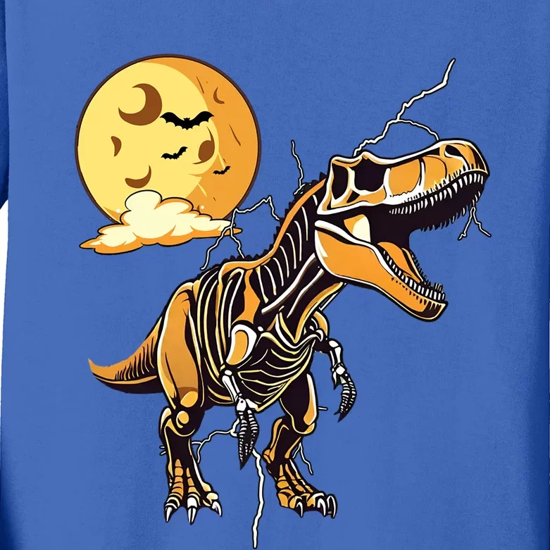 Halloween Dinosaur T Rex Skeleton Scary Moon Orange Pumpkin Cool Gift Kids Long Sleeve Shirt