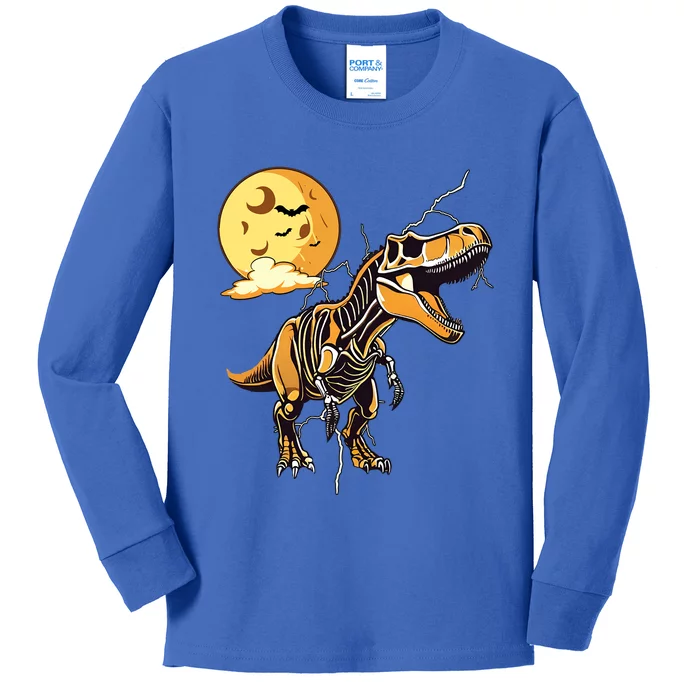 Halloween Dinosaur T Rex Skeleton Scary Moon Orange Pumpkin Cool Gift Kids Long Sleeve Shirt