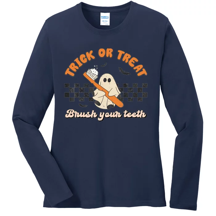 Halloween Dentist Trick Or Treat Brush Your Teeth Dental Assistance Hygienist Ladies Long Sleeve Shirt