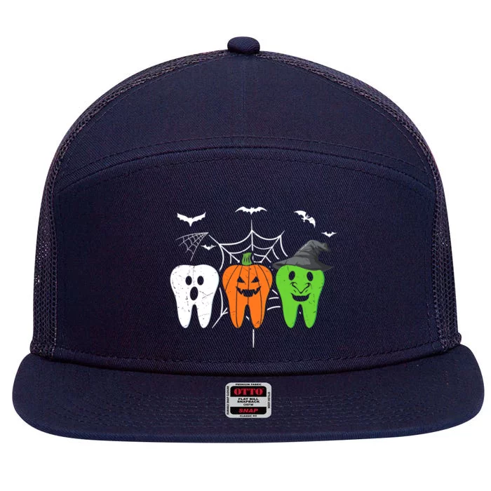 Halloween Dentist Teeth Ghost Pumpkin Witch Cute Dental Gift 7 Panel Mesh Trucker Snapback Hat