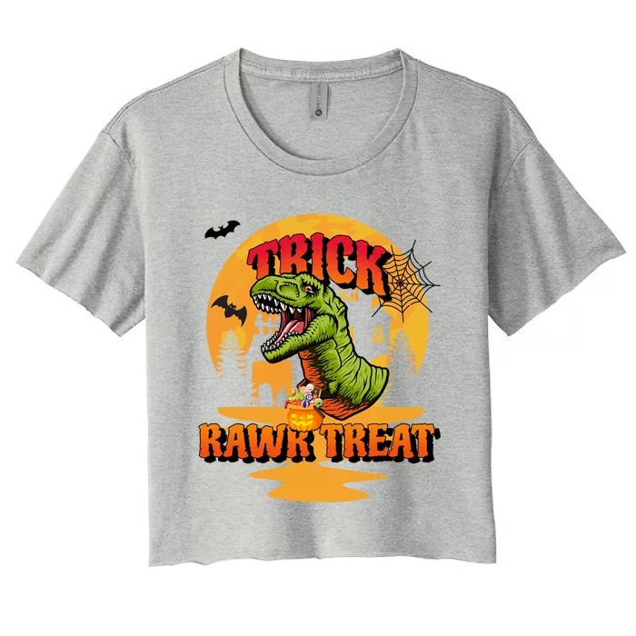 Halloween Dinosaur TRex Trick Rawr Treat Pumpkin And Bat Great Gift Women's Crop Top Tee