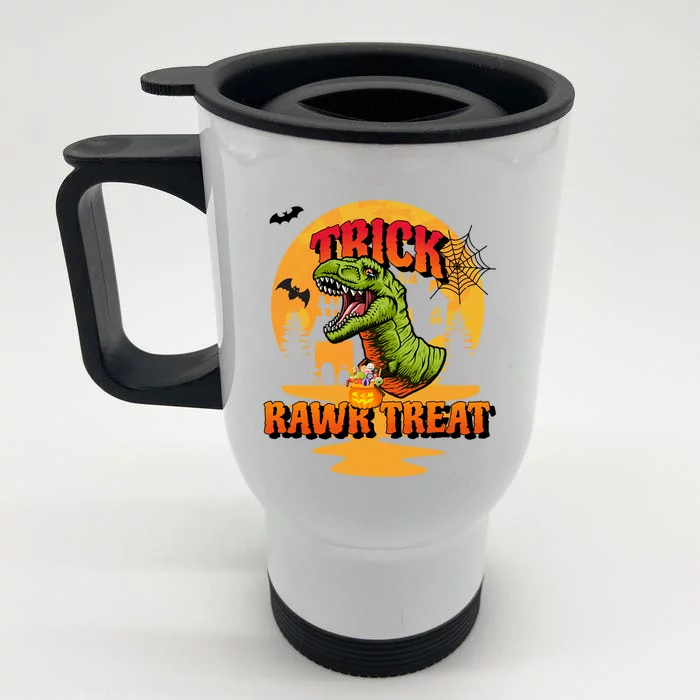 Halloween Dinosaur TRex Trick Rawr Treat Pumpkin And Bat Great Gift Front & Back Stainless Steel Travel Mug