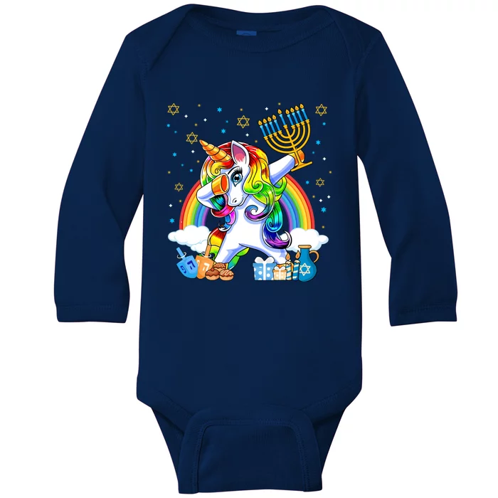 Hanukkah Dabbing Unicorn Jewnicorn Chanukah Jewish Xmas Baby Long Sleeve Bodysuit