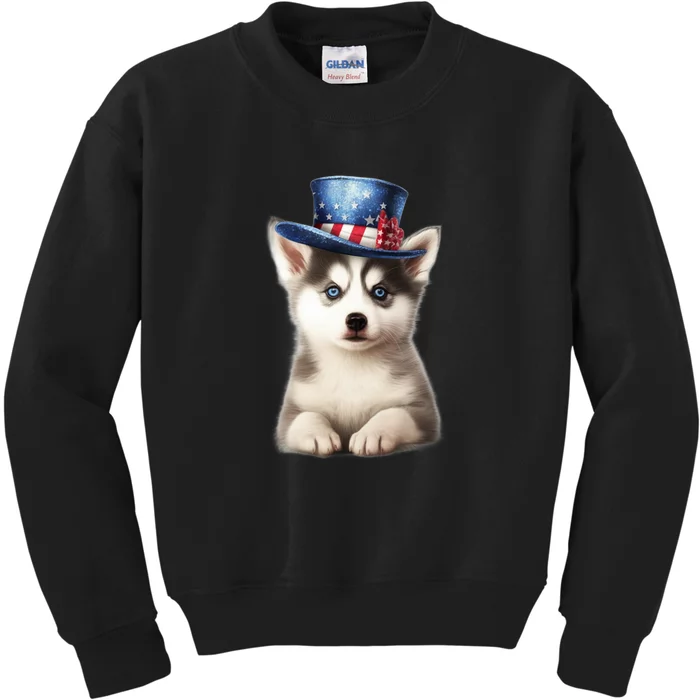 Husky Dog USA Flag Cute Husky Puppy Hat Huskies Kids Sweatshirt