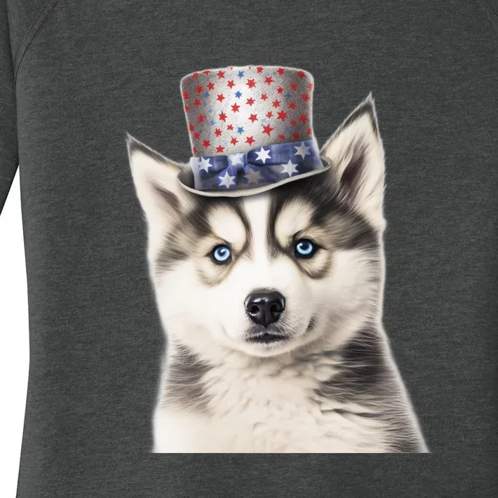 Husky Dog USA Flag Cute Husky Puppy Hat Huskies Women's Perfect Tri Tunic Long Sleeve Shirt