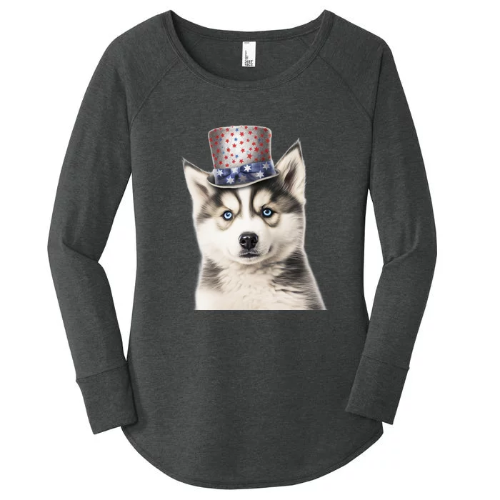 Husky Dog USA Flag Cute Husky Puppy Hat Huskies Women's Perfect Tri Tunic Long Sleeve Shirt