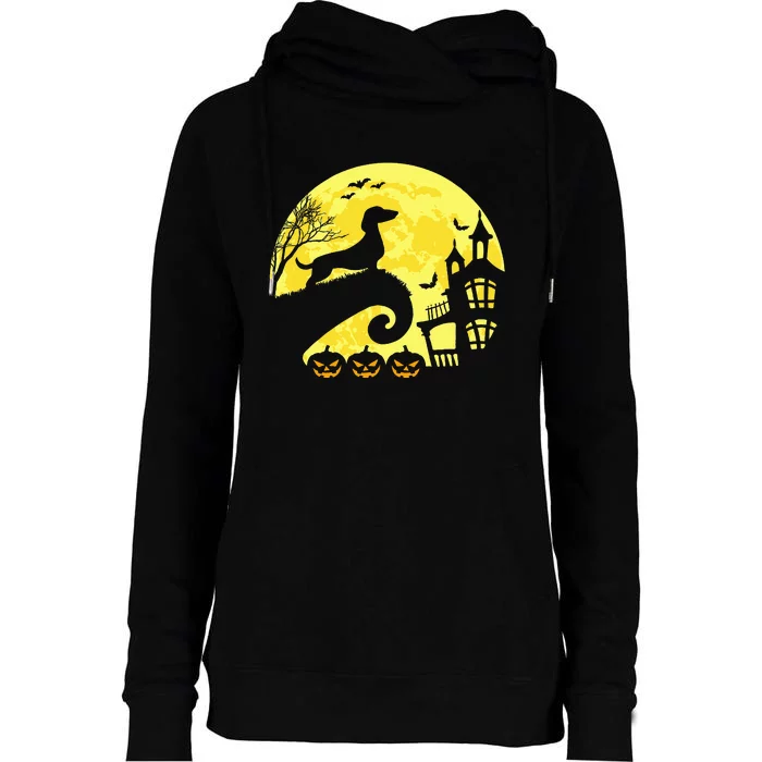 Halloween Dachshund Weenie Wiener Moonshine Sausage Dog Womens Funnel Neck Pullover Hood