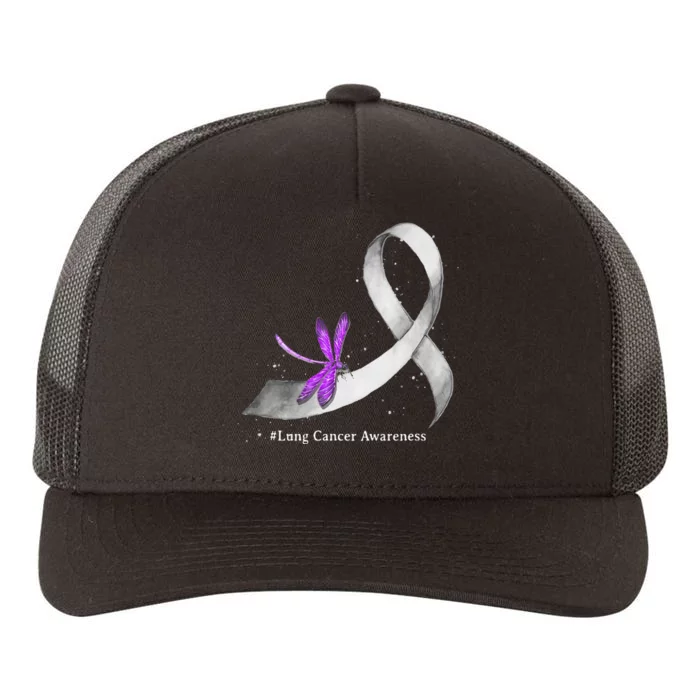 Hippie Dragonfly White Ribbon Lung Cancer Awareness Gifts Yupoong Adult 5-Panel Trucker Hat