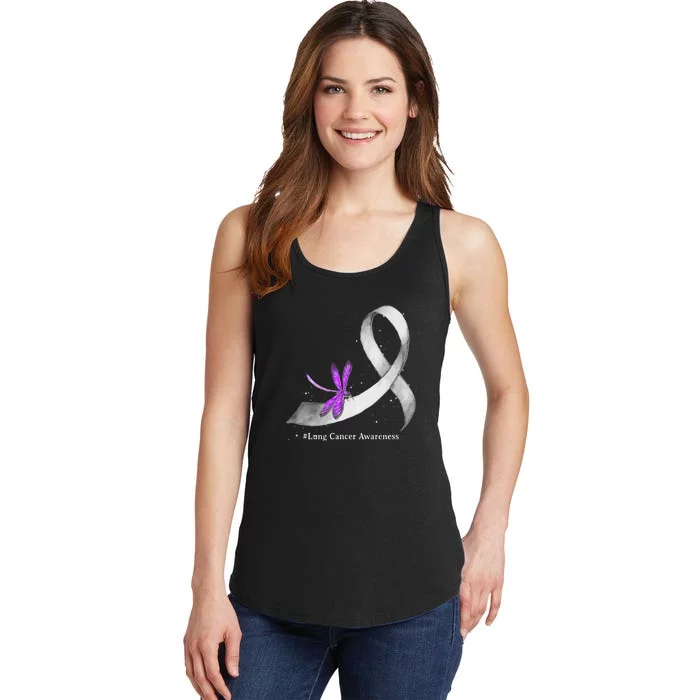 Hippie Dragonfly White Ribbon Lung Cancer Awareness Gifts Ladies Essential Tank