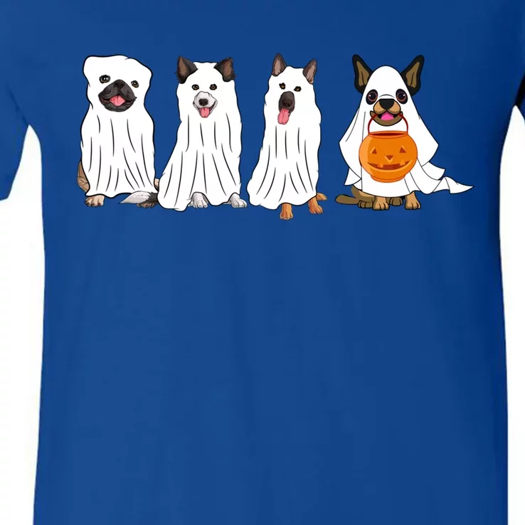 Halloween Dog With Pumpkin Spooky Halloween Dog Ghost Cute Gift V-Neck T-Shirt