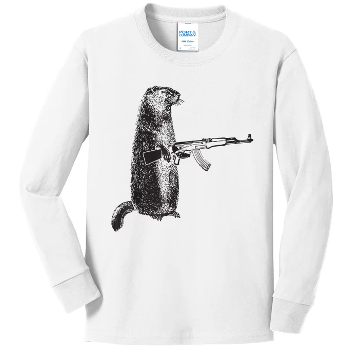 Hunting Design Woodchuck Ak47 Gun Groundhog Kids Long Sleeve Shirt