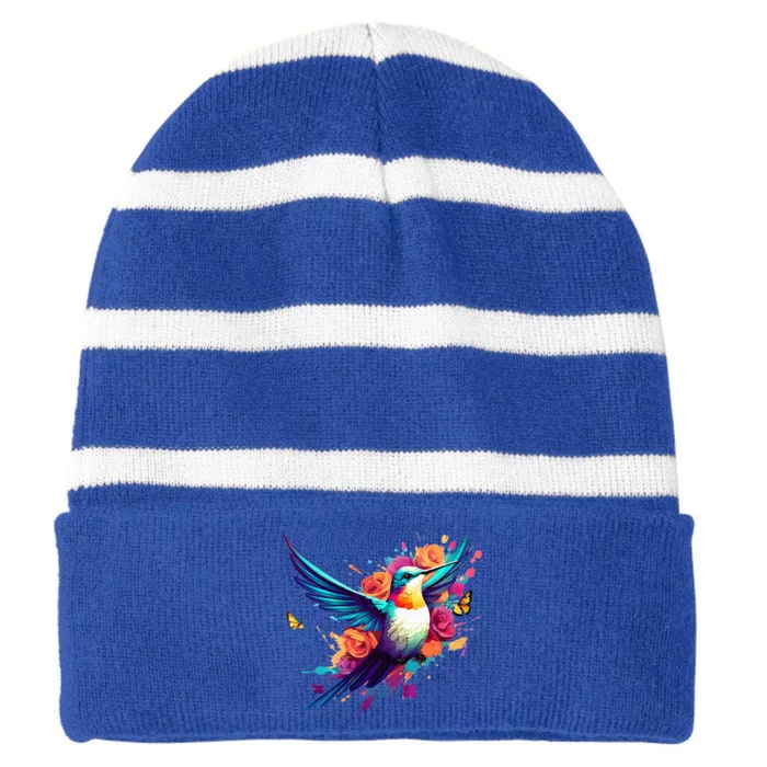 Hummingbird Design W Bright Vivid Colors & A Floral Splash Striped Beanie with Solid Band