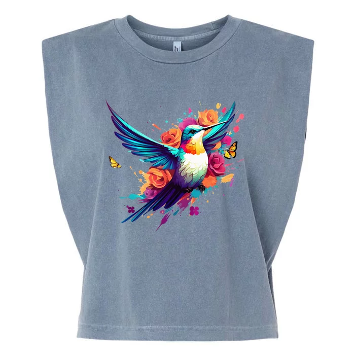 Hummingbird Design W Bright Vivid Colors & A Floral Splash Garment-Dyed Women's Muscle Tee