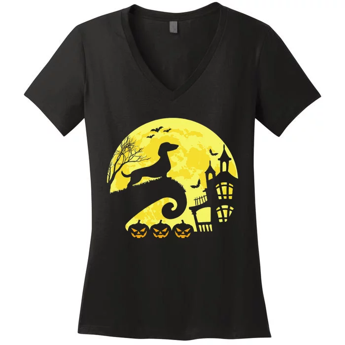 Halloween Dachshund Weenie Wiener Moonshine Sausage Dog Women's V-Neck T-Shirt