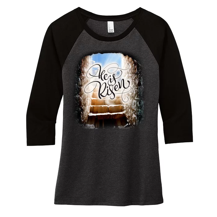 He Has Risen Jesus Christ Tomb Women's Tri-Blend 3/4-Sleeve Raglan Shirt