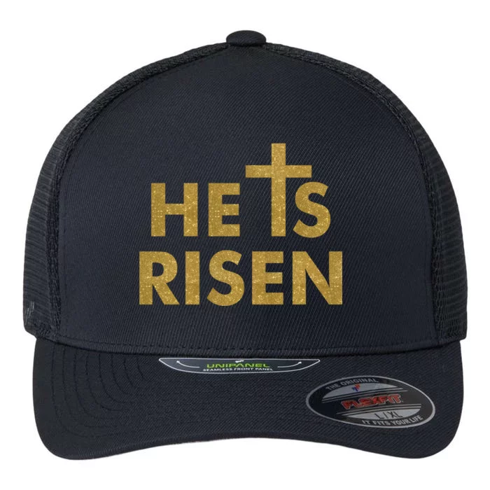 He Is Risen Jesus Savior Easter Gold Glitter Print Flexfit Unipanel Trucker Cap