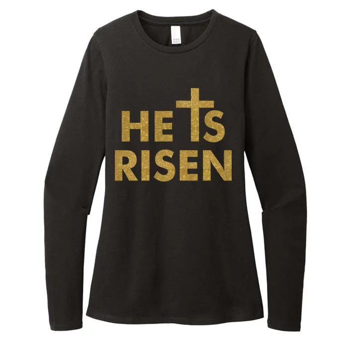 He Is Risen Jesus Savior Easter Gold Glitter Print Womens CVC Long Sleeve Shirt