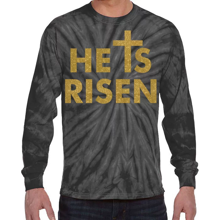 He Is Risen Jesus Savior Easter Gold Glitter Print Tie-Dye Long Sleeve Shirt