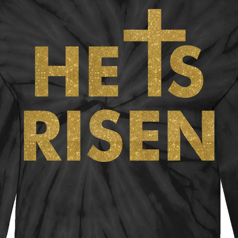 He Is Risen Jesus Savior Easter Gold Glitter Print Tie-Dye Long Sleeve Shirt