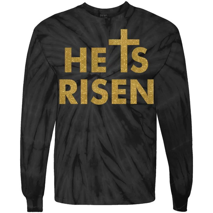 He Is Risen Jesus Savior Easter Gold Glitter Print Tie-Dye Long Sleeve Shirt