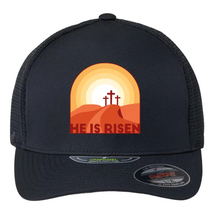 He Is Risen Sunset Jesus Christian Flexfit Unipanel Trucker Cap