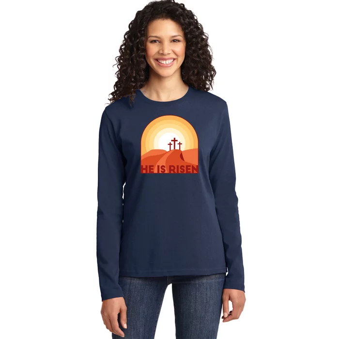 He Is Risen Sunset Jesus Christian Ladies Long Sleeve Shirt