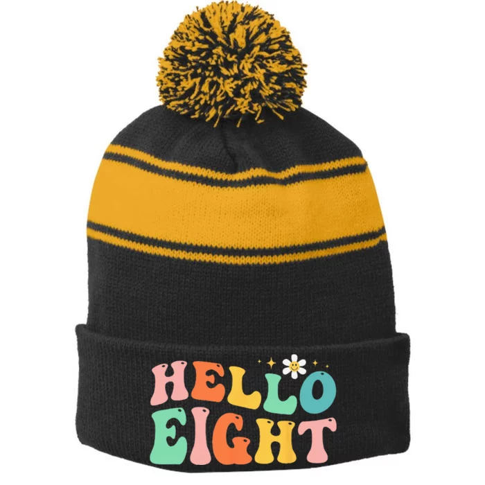 Hello Eight 8 Year Old 8th Birthday Girl Age 8 BDay Groovy Stripe Pom Pom Beanie