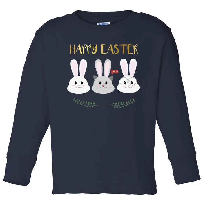 Happy Easter April Fools Day Bunnies And Cat Toddler Long Sleeve Shirt