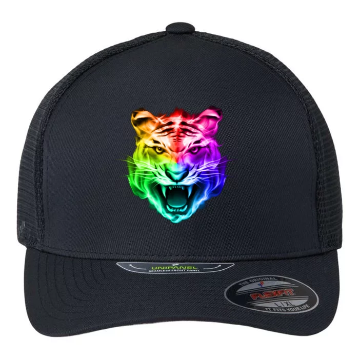 Head of Tiger Blazing in Spectrum Fire Flexfit Unipanel Trucker Cap